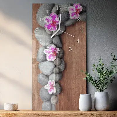 Svislé skleněné hodiny na stěnu Orchidejové kameny