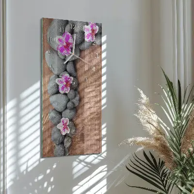 Svislé skleněné hodiny na stěnu Orchidejové kameny