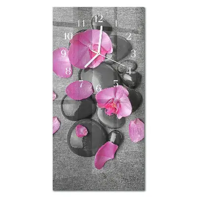 Svislé skleněné hodiny na zeď Orchidejové kameny