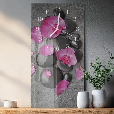 Svislé skleněné hodiny na zeď Orchidejové kameny