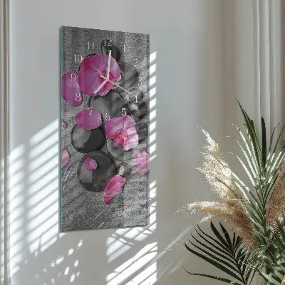 Svislé skleněné hodiny na zeď Orchidejové kameny