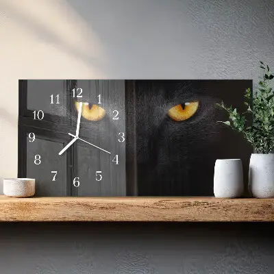 Vodorovné skleněné hodiny na zeď Kocour