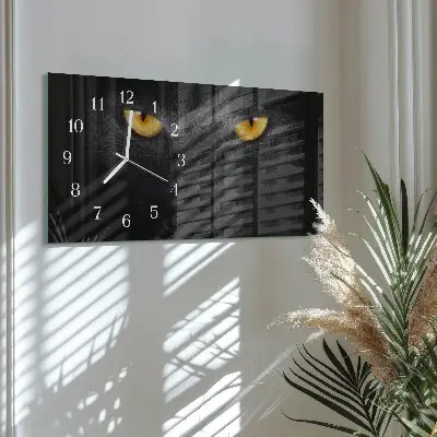 Vodorovné skleněné hodiny na zeď Kocour