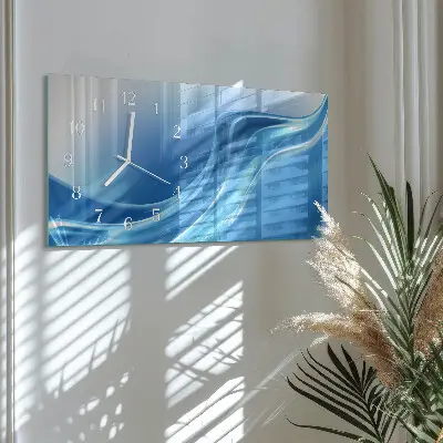 Vodorovné skleněné hodiny na zeď Modré vlny