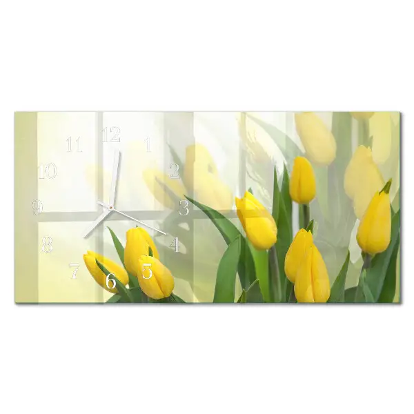 Vodorovné skleněné hodiny na stěnu Zahradní tulipány