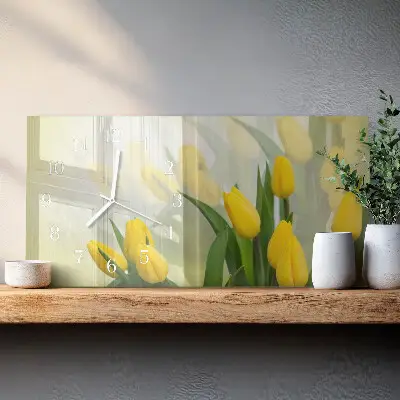 Vodorovné skleněné hodiny na stěnu Zahradní tulipány