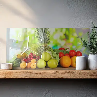 Vodorovné skleněné hodiny na zeď Zelenina a ovoce