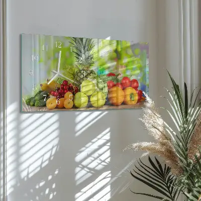 Vodorovné skleněné hodiny na zeď Zelenina a ovoce