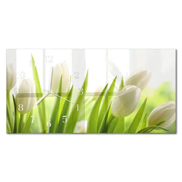 Vodorovné skleněné hodiny na zeď Bílé tulipány