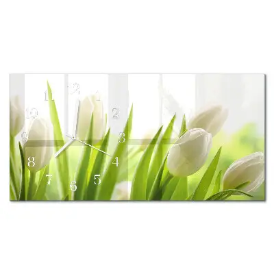 Vodorovné skleněné hodiny na zeď Bílé tulipány