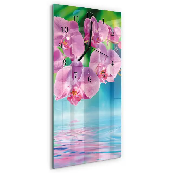 Svislé skleněné hodiny na stěnu Orchideje