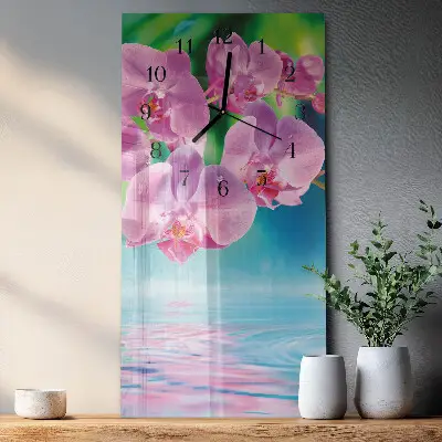 Svislé skleněné hodiny na stěnu Orchideje