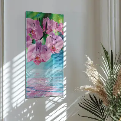 Svislé skleněné hodiny na stěnu Orchideje