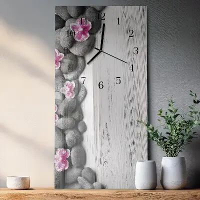 Svislé skleněné hodiny na zeď Orchidejové kameny