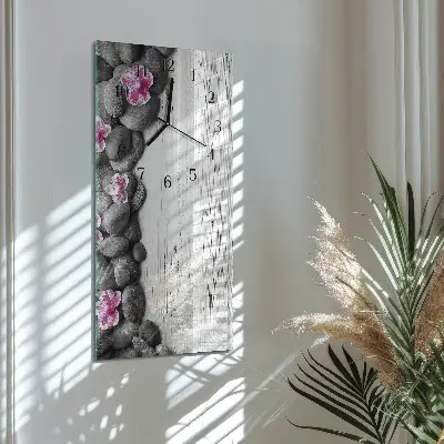 Svislé skleněné hodiny na zeď Orchidejové kameny