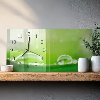 Vodorovné skleněné nástěnné hodiny Kapky na listu