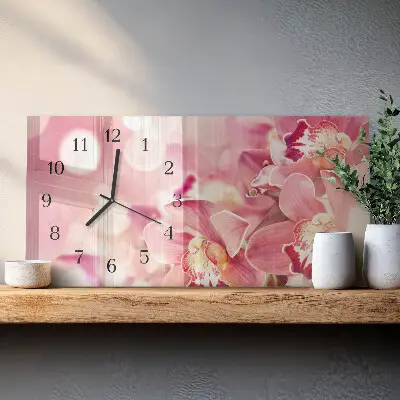 Vodorovné skleněné nástěnné hodiny Orchideje