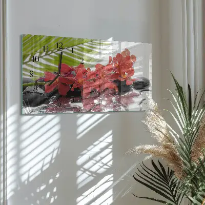 Vodorovné skleněné nástěnné hodiny Kytice a kameny