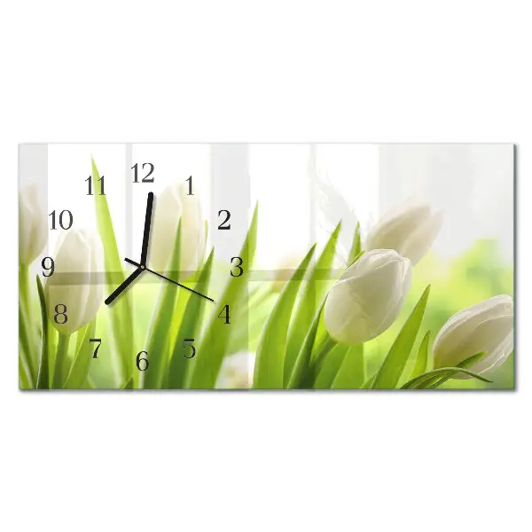 Hodiny na stěnu skleněné vodorovné Bílé tulipány