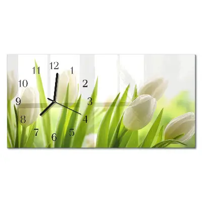 Hodiny na stěnu skleněné vodorovné Bílé tulipány