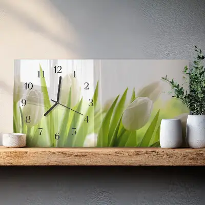 Hodiny na stěnu skleněné vodorovné Bílé tulipány