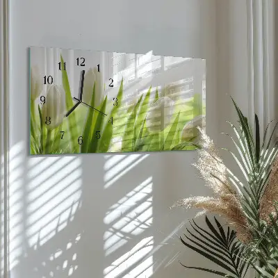 Hodiny na stěnu skleněné vodorovné Bílé tulipány