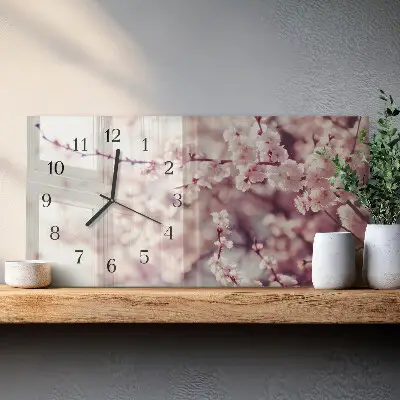 Vodorovné skleněné hodiny s fotkou Třešňové květy