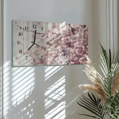 Vodorovné skleněné hodiny s fotkou Třešňové květy